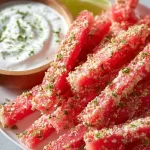 Fresh watermelon fries served with coconut lime dip, a vegan summer snack