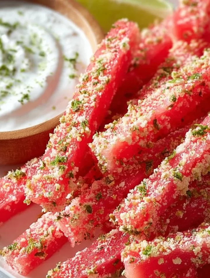 Fresh watermelon fries served with coconut lime dip, a vegan summer snack