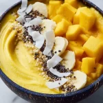 Thick Mango Smoothie Bowl without banana, topped with fruits and granola.
