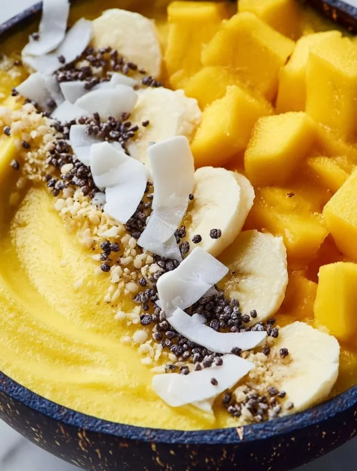 Thick Mango Smoothie Bowl without banana, topped with fruits and granola.