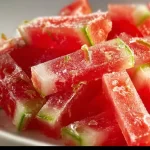 Delicious homemade watermelon rind candy served in a colorful dish.