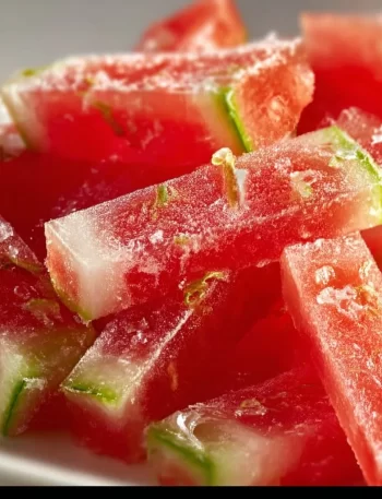 Delicious homemade watermelon rind candy served in a colorful dish.