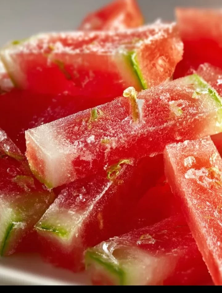 Delicious homemade watermelon rind candy served in a colorful dish.