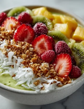 Delicious tropical smoothie bowl topped with fresh fruits and nuts