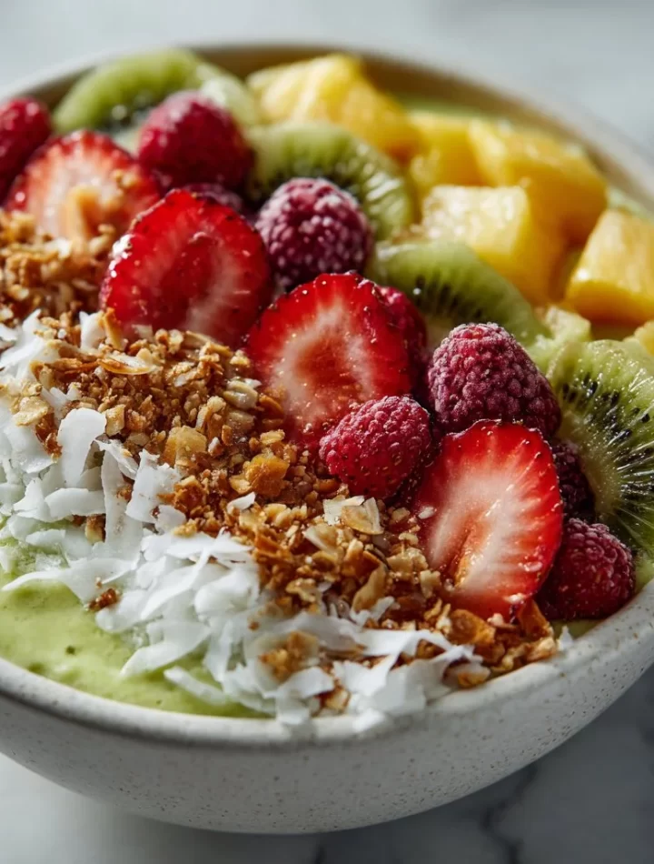 Delicious tropical smoothie bowl topped with fresh fruits and nuts