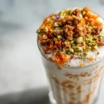 Vegan carrot cake protein smoothie in a glass with a sprinkle of cinnamon on top