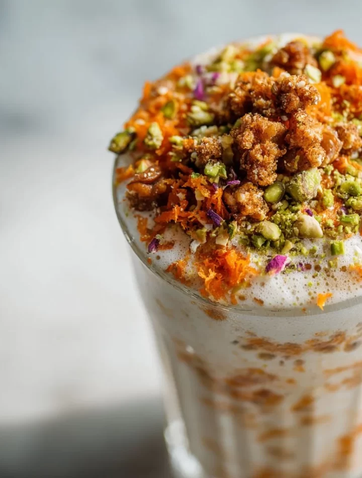 Vegan carrot cake protein smoothie in a glass with a sprinkle of cinnamon on top