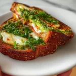 Vegan pesto grilled cheese toast on a wooden board with fresh herbs