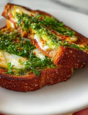 Vegan pesto grilled cheese toast on a wooden board with fresh herbs