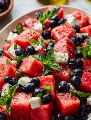 Colorful watermelon blueberry salad with mint and feta cheese