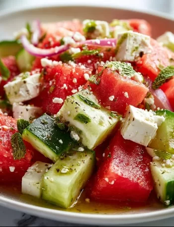 Watermelon cucumber feta salad served in a bowl, vibrant and refreshing dish