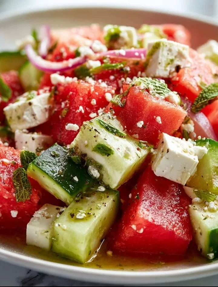 Watermelon cucumber feta salad served in a bowl, vibrant and refreshing dish