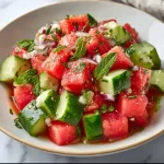 Delicious watermelon cucumber salad served in a bowl, garnished with mint.
