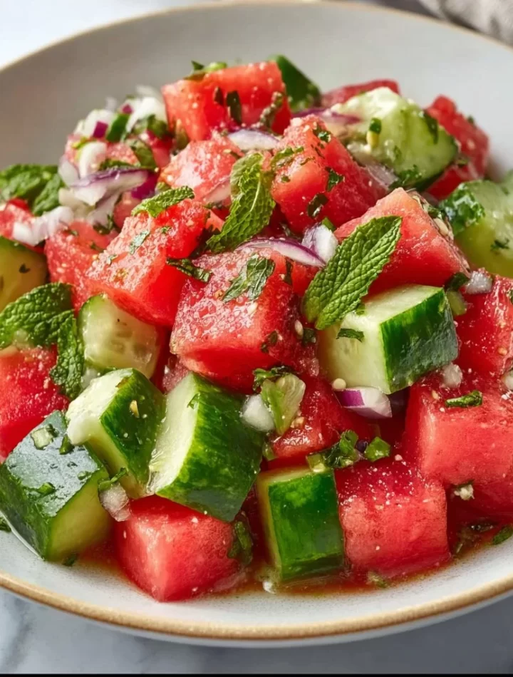Delicious watermelon cucumber salad served in a bowl, garnished with mint.
