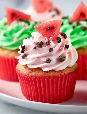 Delicious watermelon cupcakes topped with colorful frosting, perfect summer dessert.