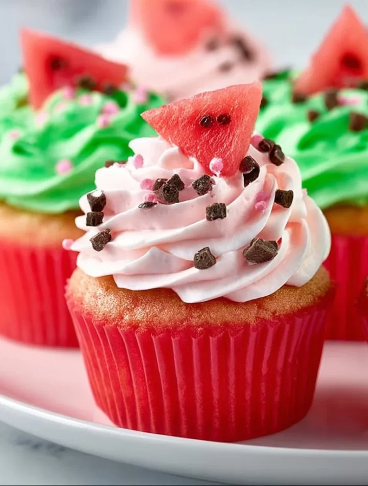 Delicious watermelon cupcakes topped with colorful frosting, perfect summer dessert.