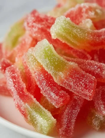 Homemade Watermelon Rind Candy with vibrant green and pink colors