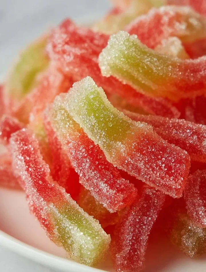 Homemade Watermelon Rind Candy with vibrant green and pink colors