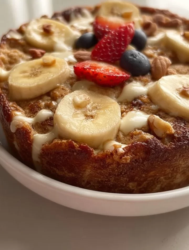 Bowl of Wholesome Banana Bread Baked Oats garnished with banana slices and nuts