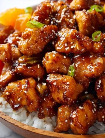 Delicious Zesty Blackstone Orange Chicken served on a plate with fresh vegetables