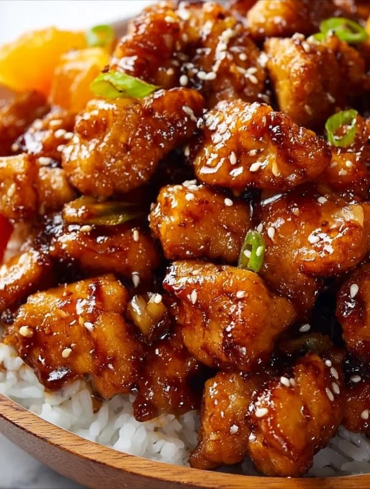Delicious Zesty Blackstone Orange Chicken served on a plate with fresh vegetables