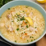 Bowl of Avgolemono Soup with lemon and herbs, showcasing its creamy texture.