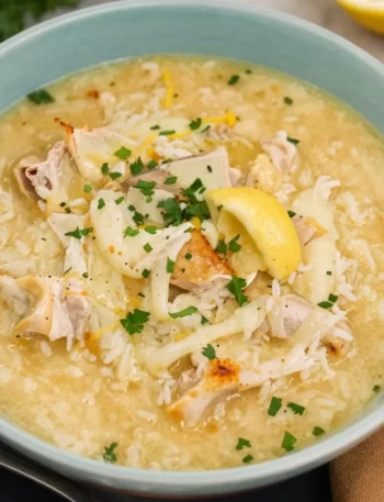 Bowl of Avgolemono Soup with lemon and herbs, showcasing its creamy texture.
