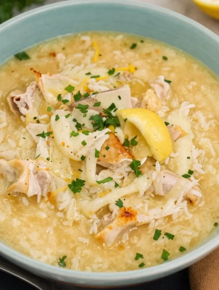 Bowl of Avgolemono Soup with lemon and herbs, showcasing its creamy texture.