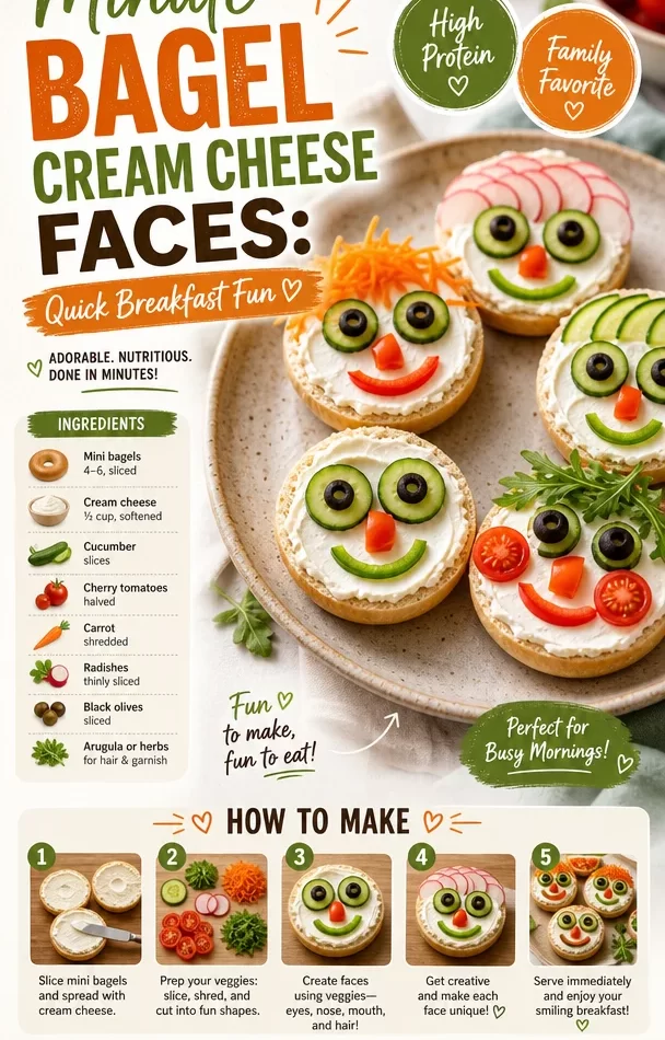 Creative bagel cream cheese faces for a fun breakfast experience