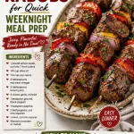 Grilled beef shish kabobs on skewers with colorful vegetables