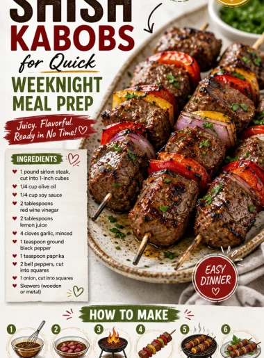 Grilled beef shish kabobs on skewers with colorful vegetables