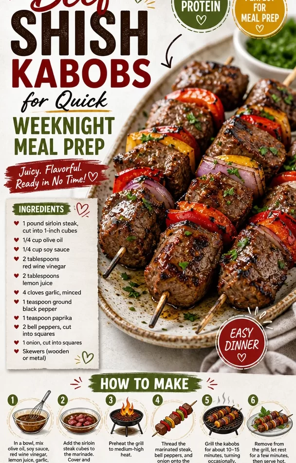 Grilled beef shish kabobs on skewers with colorful vegetables