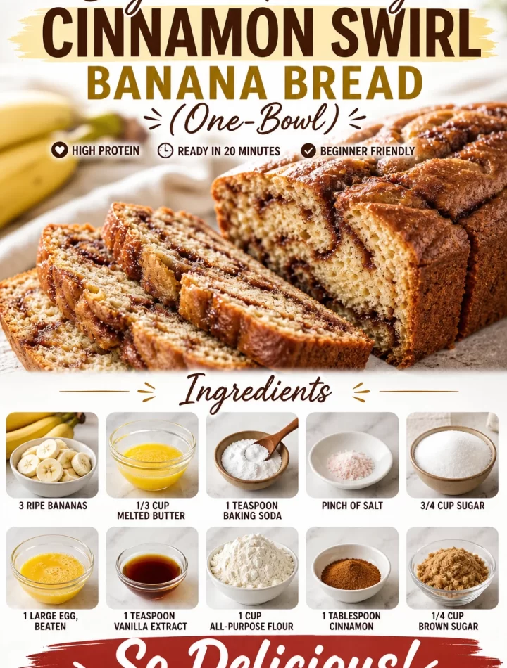 Beginner-friendly one-bowl cinnamon swirl banana bread with ripe bananas
