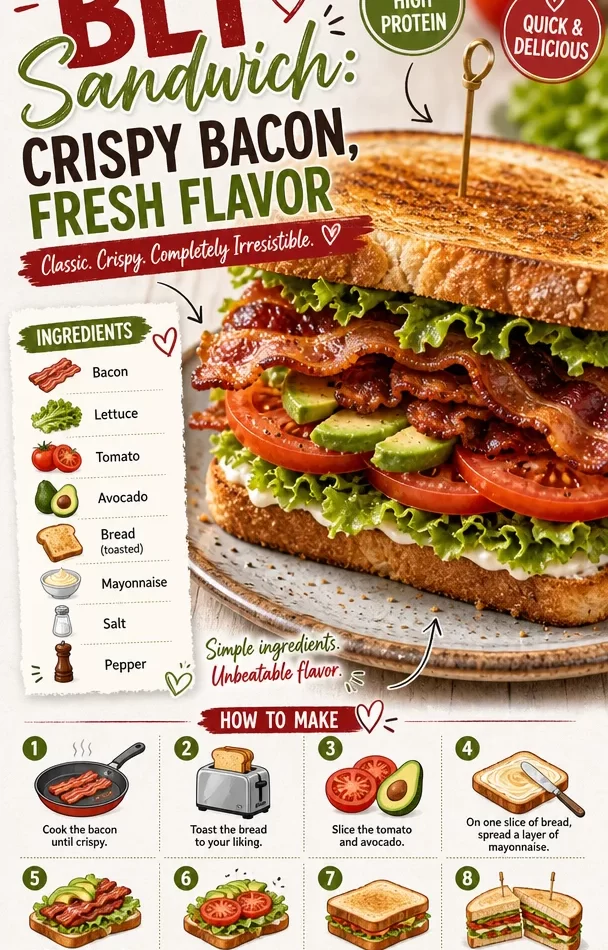 Freshly made BLT sandwich with crispy bacon, lettuce, and tomatoes on toasted bread
