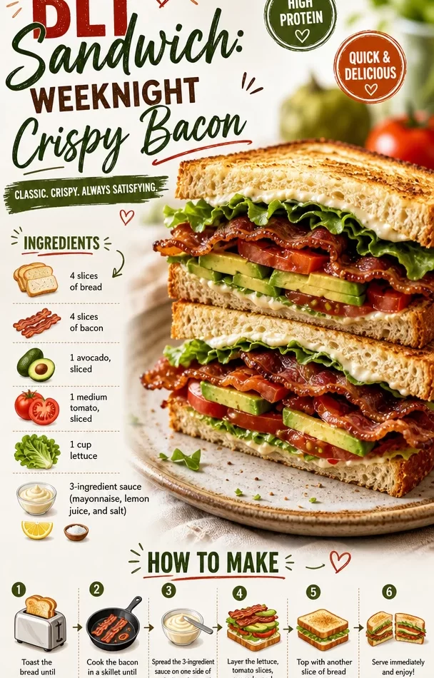 Delicious BLT sandwich with crispy bacon, fresh lettuce, and ripe tomatoes.