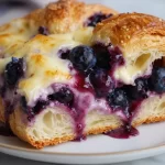 Blueberry croissant casserole with cream cheese, baked golden and delicious.