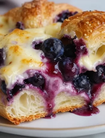 Blueberry croissant casserole with cream cheese, baked golden and delicious.