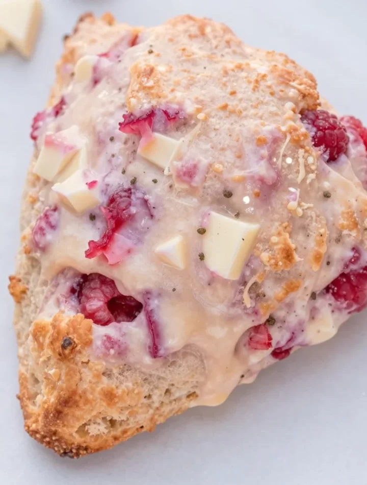 Brunch-ready white chocolate raspberry scones on a plate