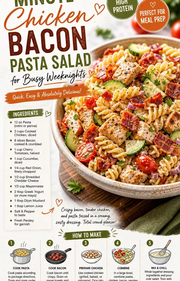 Chicken Bacon Pasta Salad served in a bowl, perfect for busy weeknights