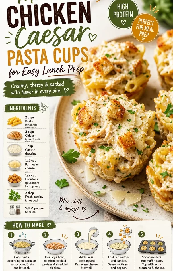 Chicken Caesar Pasta Cups ready for easy lunch prep