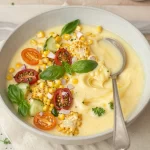 Chilled summer corn gazpacho in a bowl garnished with herbs