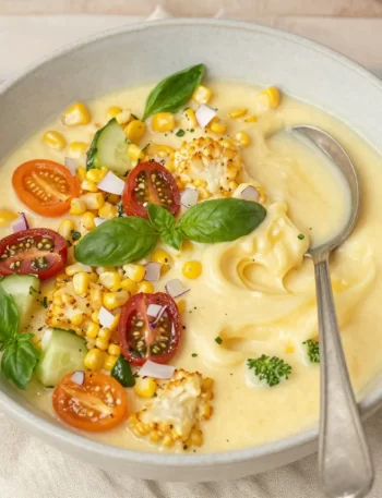 Chilled summer corn gazpacho in a bowl garnished with herbs