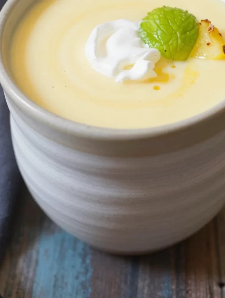Bowl of chilled pineapple soup with garnishes as a refreshing summer dish