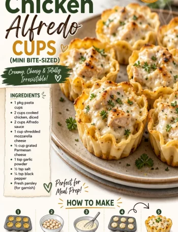 Mini bite-sized creamy Chicken Alfredo cups served on a platter