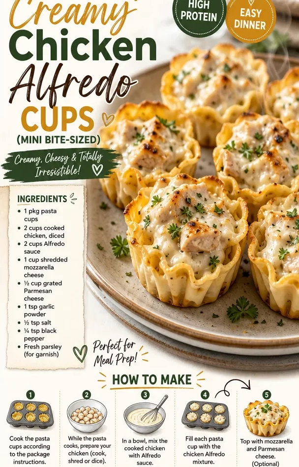 Mini bite-sized creamy Chicken Alfredo cups served on a platter