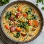 Bowl of creamy spring vegetable soup with fresh vegetables and herbs