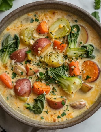 Bowl of creamy spring vegetable soup with fresh vegetables and herbs