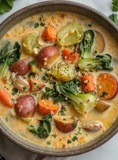 Bowl of creamy spring vegetable soup with fresh vegetables and herbs