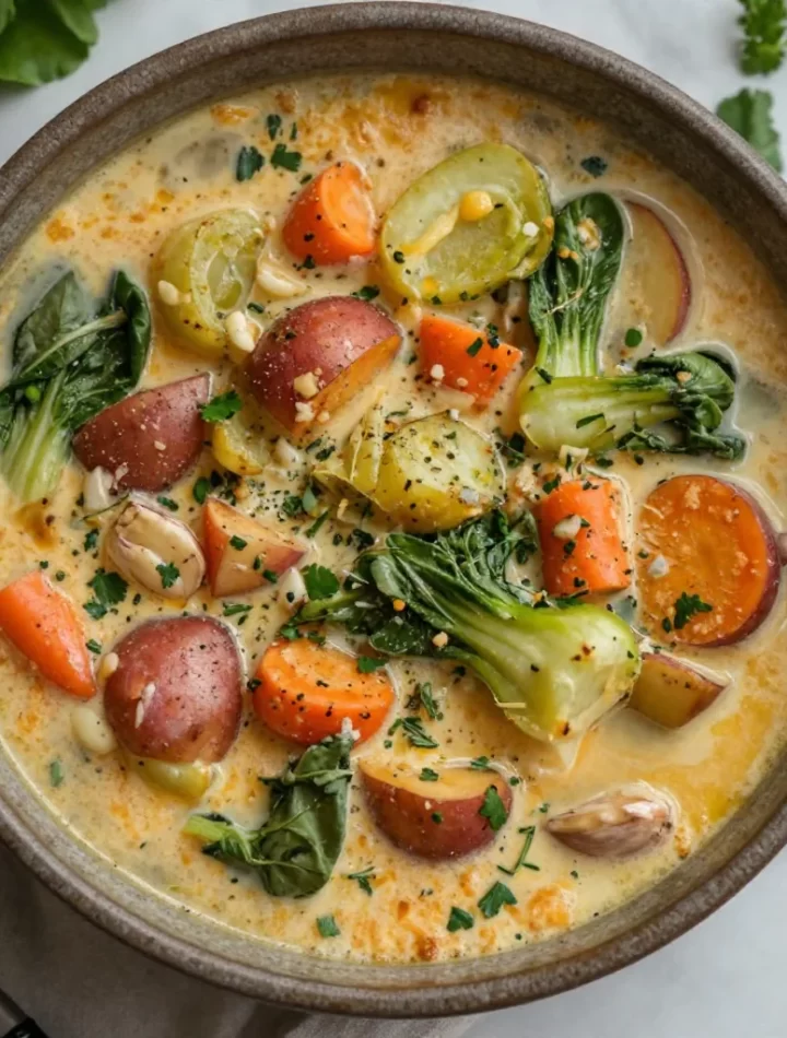 Bowl of creamy spring vegetable soup with fresh vegetables and herbs