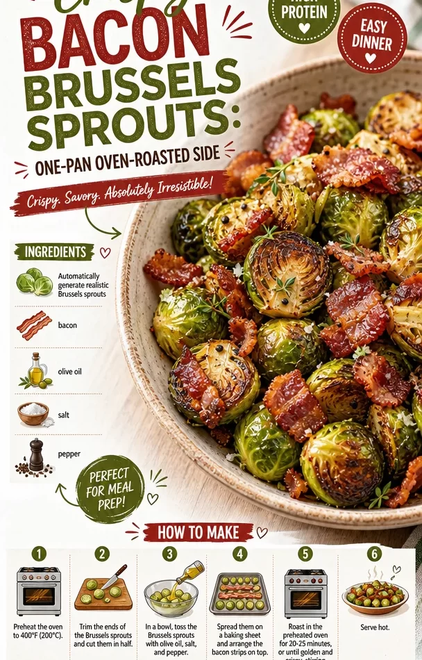 Crispy bacon brussels sprouts on a plate, oven-roasted to perfection